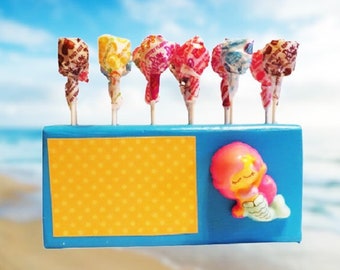 Mermaid Lollipop Holder, Personalized Sucker Display, Wooden Candy Stand w Lollipops, 3-D Lollipop Rewards, Girl's Party Favors, Treats