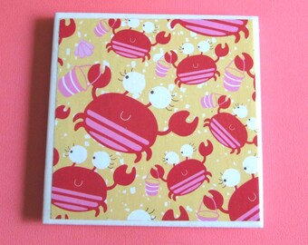 Crab Coasters, Summer Beach Theme Coasters for Beach House, Patio, Pool, Summer Party Decor, Bar Ware, Maryland, Chesapeake Bay Ceramic Tile