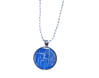 Blue and White Pendant Necklace, Crackle, Shatter Medallion, Team, School Spirit, Mother's Day Gift, for Mom, Grandma, Her, Unique Jewelry