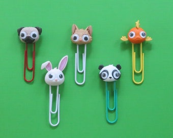 2 Cute Animal Bookmarks with Googly Eyes, Kids Bookmarks, Pug, Cat, Goldfish, Rabbit, Panda, Page Marker, Whimsical Paper Clips for Planners