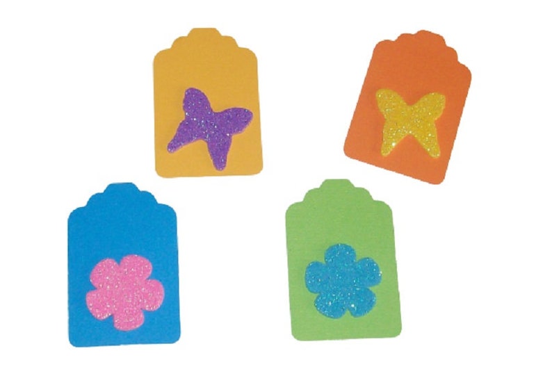 Butterfly, Flower Tags, Blank Spring, Summer Gift Tags, Floral Birthday Gift Tag, Party Favor Tags, Bright Multi Colored Glitter Tags, 4/Set image 3