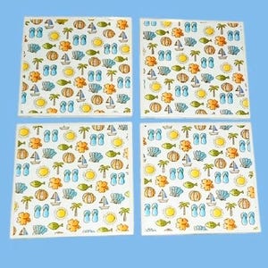 May include: Four square coasters with a white background and a repeating pattern of beach-themed illustrations. The pattern includes yellow suns, orange seashells, blue flip-flops, and green fish. The coasters are arranged on a light blue background.