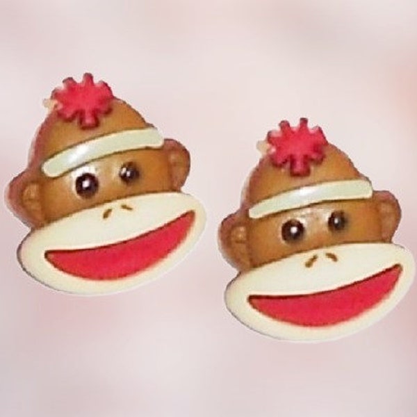 Brown Sock Monkey Earrings - Clip Earrings, Pierced Earrings, Stud, Post Earrings, Whimsical Sock Monkey Jewelry, for Women, Girls, Kids