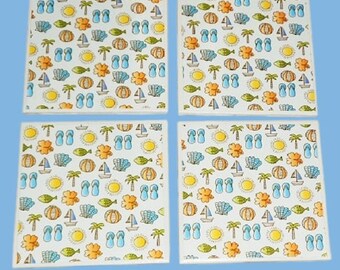 Beach Coasters, Summer Decor, Decorative Tiles with Flip Flops, Palm Trees, Sun, Fish, Sea Shells, Beach Party, Patio, Pool, Lanai, Set of 4