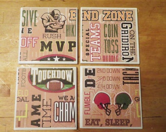 4 Football Coasters, Football Decor, Gift for Coach, Coach's Wife, Player, Fan, Man Cave, Game Room, Guys, Men, Beer Coasters, Sports Decor