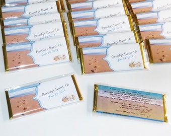 Sweet 16 Beach Themed Favor - 12 Wrapped Chocolate Candy Bars - also for Rehearsal Dinner, Bridal Shower, Wedding, Engagement Party, Baptism