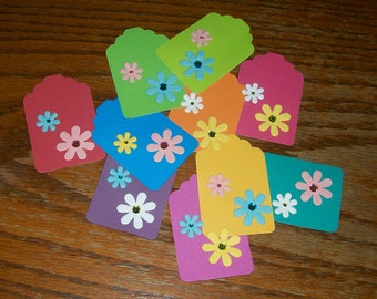 Bright Spring or Summer Hand Punched Floral Tags, Flower Tags for Birthday, Party, Favors, Crafts, Use as Gift Cards, Hang Tags - SET OF 10