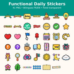 May include: A collection of 41 colorful digital stickers labeled Functional Daily Stickers, featuring icons like hearts, stars, clocks, calendars, envelopes, and weather symbols. The set includes various shapes and designs for planning.