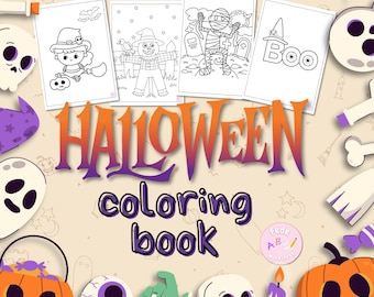 Könnte beinhalten: Ein Halloween-Malbuch mit Illustrationen einer Hexe, einer Vogelscheuche, einer Mumie und dem Wort "Boo". Das Wort "Halloween" wird in Orange und Lila angezeigt, darunter die Worte "Malbuch".