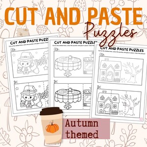 Fall, Halloween & Thanksgiving Cut and Paste Puzzles for Preschoolers | Autumn Homeschool activities for Children | Fall Easy Cut and Glue