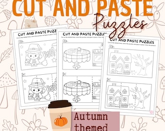 Casse-tête à découper/coller d'automne, d'Halloween et de l'Action de grâce pour enfants d'âge préscolaire | Activités d'automne pour l'école à la maison pour les enfants | Facile à découper et à coller automnal