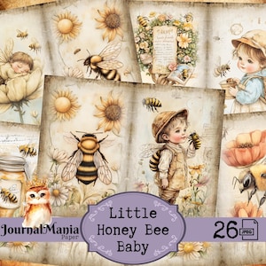 Puede incluir: Una hoja de collage digital con 26 imágenes que presentan a un bebé vestido de abeja, girasoles, abejas y otros elementos de temática natural. El texto "Little Honey Bee Baby" está incluido en la imagen.