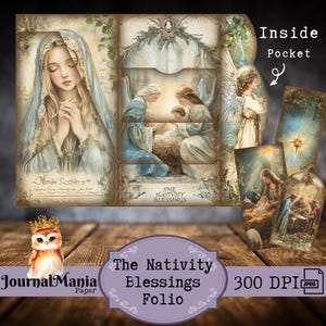Junk Journal pliage folio Nativité imprimable à trois volets Nativité Junkjournal Noël Mini folio Folio Faith Journal Kit dossier pochette de rangement