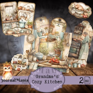 Diário de cozinha antigo, etiquetas de cozinha da vovó, kit de diário de receitas, itens efêmeros, papel digital para cozinhar, livro de receitas vintage, bolso para impressão
