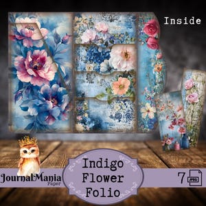 Diario de primavera, kit de folio floral índigo, folio tríptico con flores de jardín, efímeras de flores, mini folio plegable DIY, inserto de bolsillo, regalo