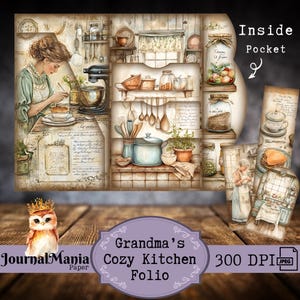 Junk Journal Folding Folio Cozinha Trifold Imprimível Vovó Junkjournal Receita Mini Folio Antigo Kit de Diário de Cozinha Pasta Kit Bolso Inserir