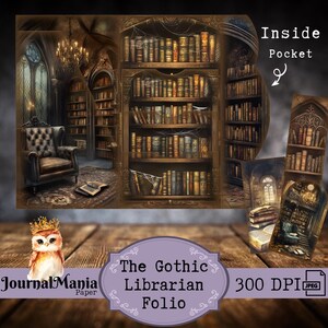 May include: A digital paper pack with a gothic library theme. The image features a bookshelf filled with old books, a leather armchair, and a window with a view of a dark forest. The text "The Gothic Librarian Folio" is displayed on the image. The paper pack is 300 DPI and in JPEG format.
