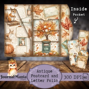 Carpeta de cartas tríptico, diario basura, carta rústica de otoño, regalo postal, mini diario, kit de carpeta de cartas antiguas, kit de inserción de bolsillo