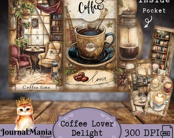 Könnte beinhalten: Ein dekoratives Folio zum Thema Kaffee. Das Folio zeigt Illustrationen einer Kaffeetasse, Kaffeebohnen und eine gemütliche Cafészene. Der Text enthält "morning Coffee", "Coffee Lover Delight Folio" und "Coffee time". Eine Eule mit Krone ist ebenfalls vorhanden.