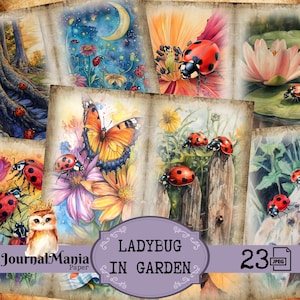 Ladybug Junk Journal Vintage Floral Distressed Paper Floral Printable Spring Garden TeaTime Sunflower Junkjournal Gift Scrapbook Cottagecore