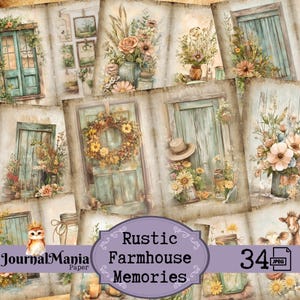 Könnte beinhalten: Eine Sammlung digitaler Papiere mit rustikalem Bauernhaus-Thema. Die Papiere zeigen Aquarellillustrationen von Türen, Blumenarrangements und Vintage-Elementen. Der Text "Rustic Farmhouse Memories" und "JournalMania Paper" sind sichtbar.