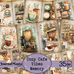 Könnte beinhalten: Eine digitale Collage aus 35 Bildern mit einem gemütlichen Café-Thema. Die Bilder zeigen Kaffeetassen, Gebäck und Café-Interieurs. Der Text "Cozy Cafe Vibes Memory" wird in einem lila Banner angezeigt.