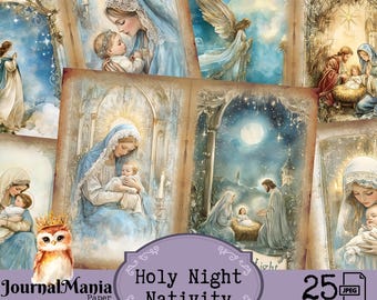 Puede incluir: Un collage digital de 25 imágenes que representan la escena de la Natividad. Las imágenes presentan una gama de colores azul y blanco con un fondo celestial. Las imágenes incluyen representaciones de María, José, el niño Jesús, ángeles y estrellas. El texto "Holy Night Nativity" se muestra en una pancarta morada en la parte inferior del collage.