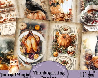 May include: A set of 10 digital printable papers featuring Thanksgiving themed images. The images include a roasted turkey, pumpkins, fall leaves, a crow, a teacup, and a glass of wine. The papers are perfect for scrapbooking, card making, and other crafting projects.