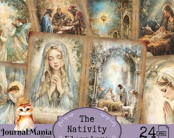 Puede incluir: Un conjunto de 24 imágenes digitales imprimibles que representan una escena de la Natividad con una estrella, ángeles y un pesebre. Las imágenes son de estilo vintage con un fondo de papel desgastado. El texto "The Nativity Blessings" está incluido en la imagen.