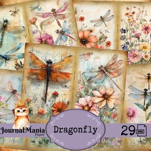 Junk Journal, Papers, Dragonfly, Shabby, Grunge, Floral