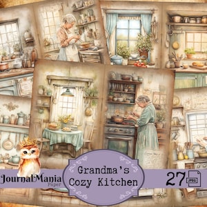May include: A collage of 27 digital paper images featuring a vintage kitchen theme. The images depict a cosy kitchen with rustic cabinets, a wood-burning stove, and a window overlooking a garden. The text "Grandma's Cozy Kitchen" is featured in the centre of the collage.
