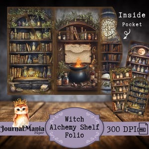 三つ折りブック 印刷可能 魔女図書館 ジャンクジャーナル 折りたたみ式フォリオジャーナル アカデミア ミニフォリオブックジャーナル 本棚フォルダーキット ポケットタグ