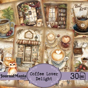 Puede incluir: Un collage digital de 30 imágenes con tazas de café, cafeterías e imágenes relacionadas con el café. El collage es de estilo vintage con una combinación de colores marrón y crema. El texto "Coffee Lover Delight" aparece en una pancarta morada en la parte inferior del collage.