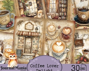 May include: A digital collage of 30 images featuring coffee cups, coffee shops, and coffee-related imagery. The collage is in a vintage style with a brown and cream color scheme. The text "Coffee Lover Delight" is featured in a purple banner at the bottom of the collage.
