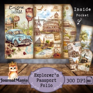 Junk Journal pliable à trois volets pour voyage, voyage imprimable Junkjournal Adventure Mini folio kit de journal d'extérieur Kit de pochettes de rangement