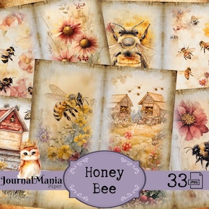 Diario basura de abejas de miel Diario basura de jardín de primavera Libro basura imprimible con flores de abejas Colmenas de abejas Libro basura de regalo Hoja de collage de abejas imprimible con abejas