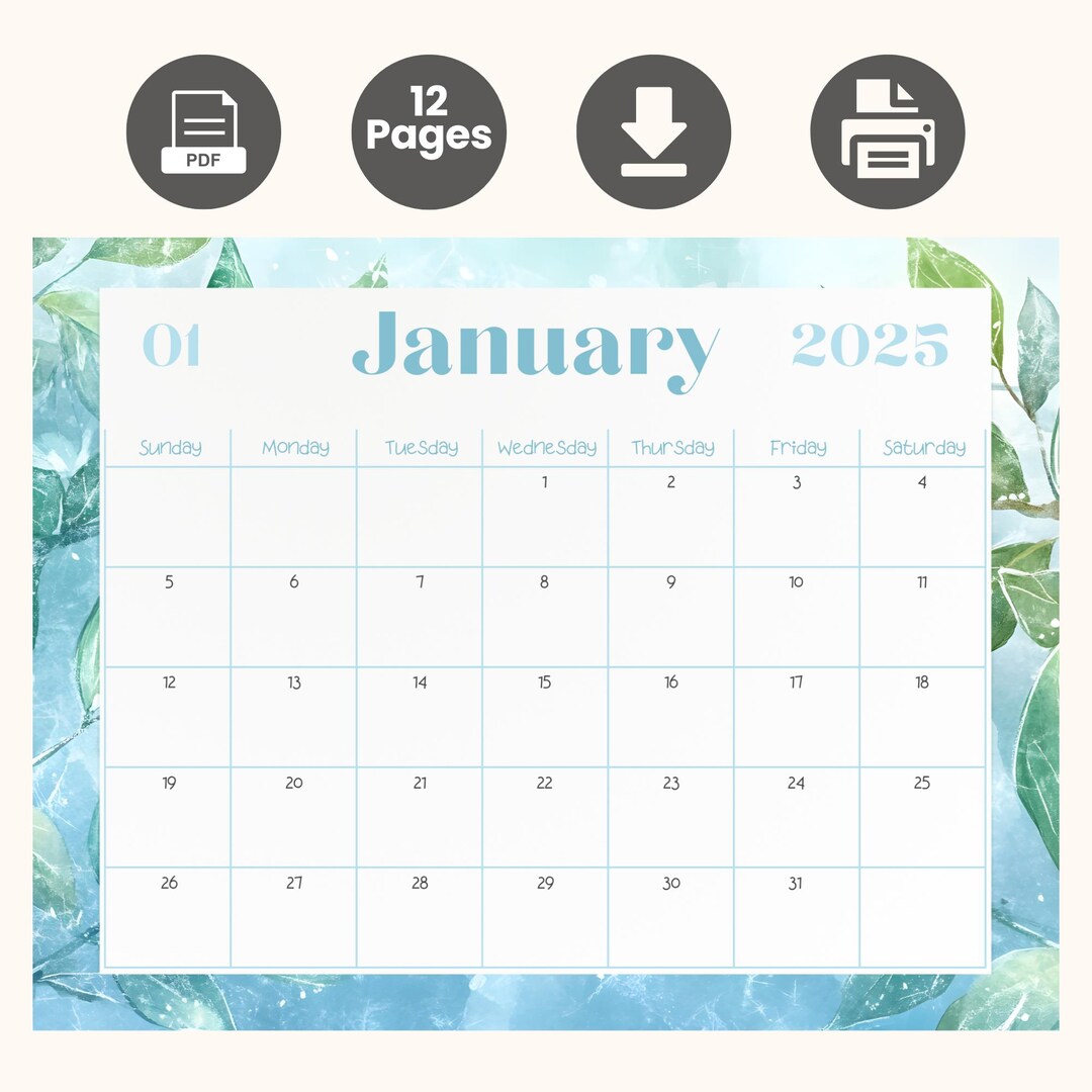 2025 Calendar Printable Download, Floral Calendar, Monthly Calendar ...