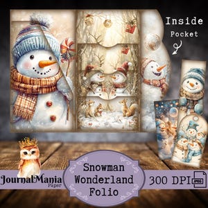 Junk Journal Folio de Noël à trois volets imprimable Junkjournal de Noël hiver Mini folio bonhomme de neige Journal Kit dossier Kit pochette de rangement