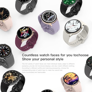 May include: A collection of smartwatches with different colored bands and watch faces. The watch faces display various information, including time, date, heart rate, and steps. The text on the image reads "Countless watch faces for you to choose. Show your personal style."