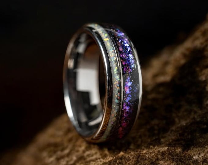 Blue Sandstone & White Fire Opal Nebula Man Wedding Band, Cosmos Silver Tungsten Unique Promise Engagement Couple Bands, Her His Ring