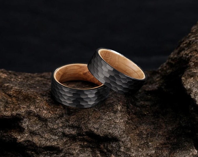 Hammered Tungsten & Whiskey Barrel Ring | Black Hammered Wedding Ring | Gift For Him | Gift For Her | 8mm Wood Inlay Ring | Silver, Black |