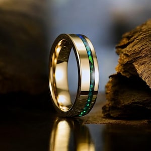 Inlaid Green Opal & Malachite Men Ring, 6,8mm Gold Tungsten Wedding Bands, Green Opal Inlay Ring, Opal Ring, Gold Ring, Engagement Ring