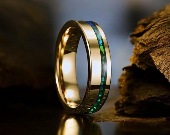 Inlaid Green Opal & Malachite Men Ring, 6,8mm Gold Tungsten Wedding Bands, Green Opal Inlay Ring, Opal Ring, Gold Ring, Engagement Ring