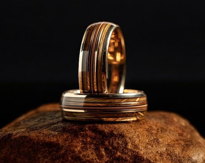 Guitar String & Whiskey Barrel Ring, Guitar String Ring, Wooden Inlay Band , Wooden Jewelry, Rose Gold Band, Ring For Him, 8mm Wood Ring