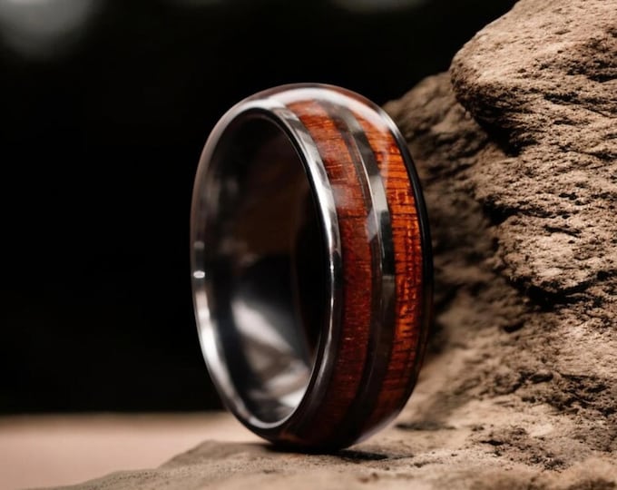 Double Whiskey Barrel Wood Ring , Gunmetal Tungsten Ring , Wooden Inlay Band , Barrel Ring , Wooden Jewelry , Ring For Him , 8mm , Dome