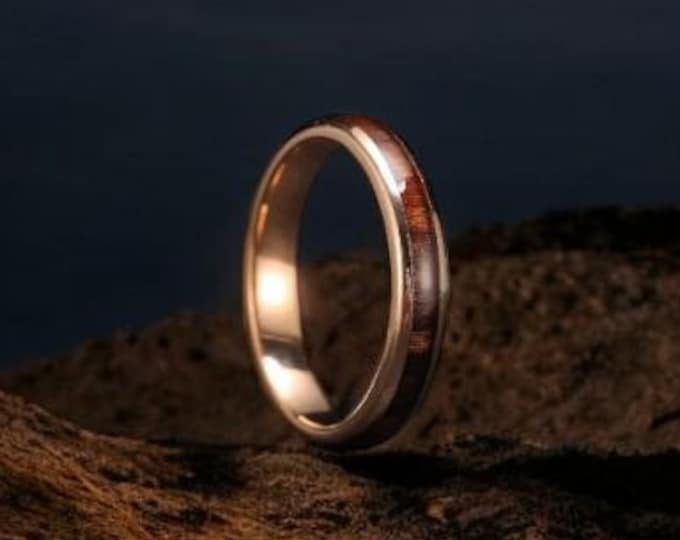Rose Gold Tungsten Wood Ring | Dainty Women Band | Women  Engagement Band | Ring For Her | 4mm Wood Inlay Ring| Dome | Thin Ring | Engraved