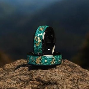 Crushed Green Fire Opal Men Wedding Band, Green Opal Inlay Ring, 8mm Opal Ring, Yellow Gold Ring, Engagement Ring, Birthstone Opal Men Ring