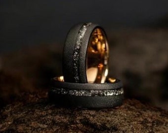 Black Sandblasted & Meteorite Wedding Band| Black obsidian sandblasted Men Bands| Couple Black Meteorite Ring| Gift For Him and Her