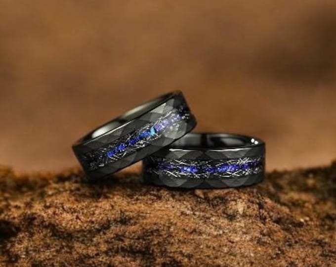 Black Hammered Meteorite Ring| Blue Galaxy Opal Ring| Hammered Black Wedding Ring | Gift For Him | Gift For Her | 8mm Ring Male Wedding Ring