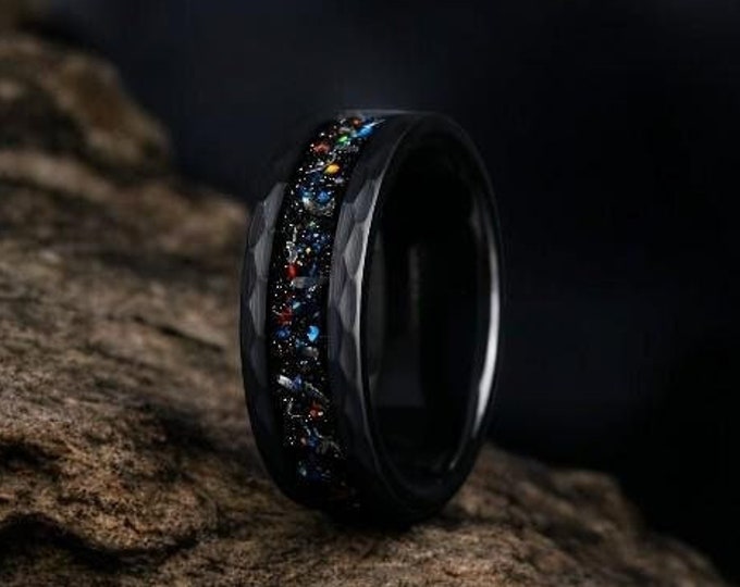 Galaxy Opal & Meteorite In a Black Tungsten | Hammered Wedding Ring | Gift For Him | Gift For Her | 4mm, 8mm Black Ring | Couple Ring Set